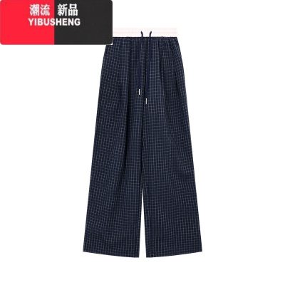 YIBUSHENG美式格子撞色高腰阔腿裤休闲裤女季宽松直筒拖地裤长裤