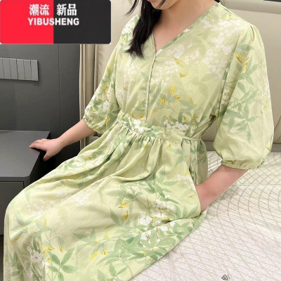 YIBUSHENG棉绸连衣裙女日收腰薄款甜美碎花V领大摆人造棉度假沙滩长裙子