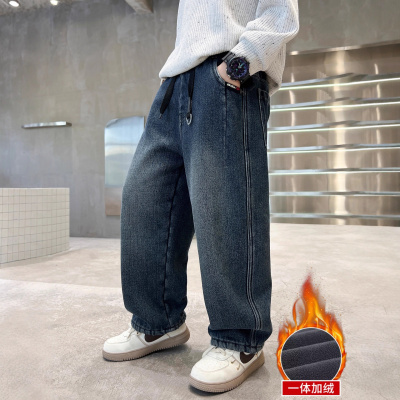 儿童装男童加绒裤子秋冬新款中大童男孩牛仔裤加厚保暖冬装潮