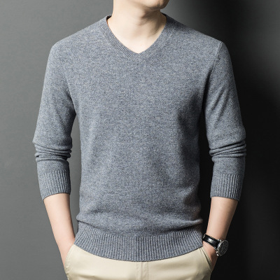 435克濮院羊毛衫男秋冬季新款加厚V领全羊毛纯色针织毛衣男士打底