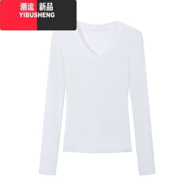 YIBUSHENG白色辣妹纯欲基础款内搭V领长袖T恤女季修身薄款防晒打底衫上衣
