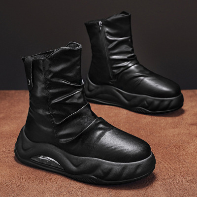 秋季新款时尚皮面高帮百搭骑士靴户外运动厚底增高侧拉链机车男靴