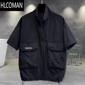 HLCOMAN冰丝短袖T恤男夏季立领速干多口袋工装上衣宽松休闲体恤衫潮