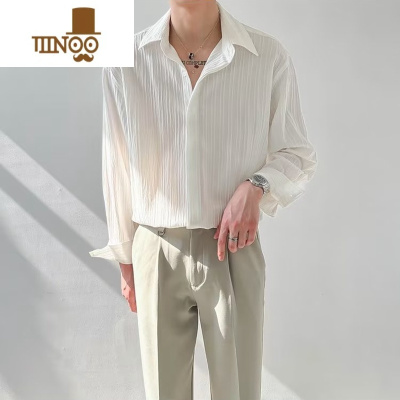 YANXU褶皱肌理衬衫男士春季新款长袖宽松休闲寸衫韩版潮流免烫垂感衬衣