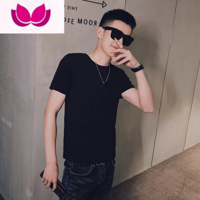 七斓简约短袖T恤男士夏季痞气纯白色青少年学生修身百搭打底上衣