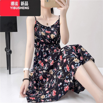 YIBUSHENG棉绸连衣裙女新款碎花显瘦人造棉裙子海边度假沙滩可调节吊带裙