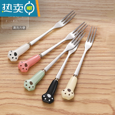 敬平304不锈钢家用可爱卡通儿童水果签ins风欧式果插叉子套装 5色混装陶瓷柄(买5送1)[水果叉]