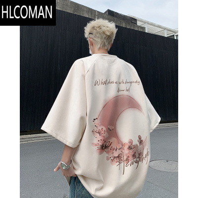 HLCOMAN美式绒硬挺短袖男320gt恤大码月亮大印花小领口七分袖T恤