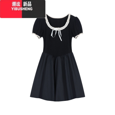 YIBUSHENG法式复古黑色连衣裙女季减龄收腰蓬蓬裙A字裙气质长裙