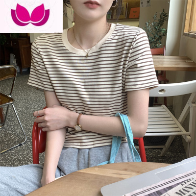 七斓t恤女夏季撞色条纹设计小众体恤港味复古chic短袖2023上衣服