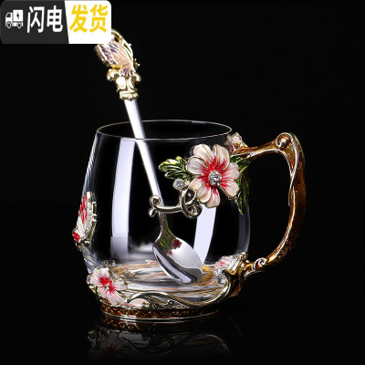 三维工匠创意珐琅彩水杯水壶套装家用玻璃杯少女心杯子带勺带盖茶杯大