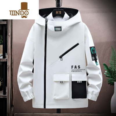 YANXU工装外套男潮流美式侧拉链上衣服连帽夹克青少年机能冲锋衣