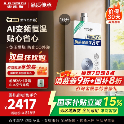 AO史密斯佳尼特16升燃气热水器佳尼特 不锈钢换热器8年包换 恒温大水量 抗风防冻 JSQ31-TC1