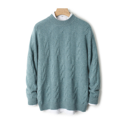 100全羊毛衫男圆领扭花双股加厚套头毛衣秋冬新款针织打底衫上衣