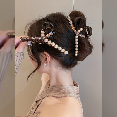 2024新款高级感大号珍珠镶钻抓夹轻奢闪钻鲨鱼夹后脑勺盘发夹发卡送女朋友老婆情人节七夕生日礼物