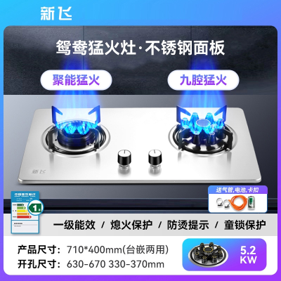 新飞燃气灶家用双灶猛火分体炉头灶具定时台嵌入式天然气液化煤气_基础款鸳鸯九腔猛火不锈钢面板_天然气