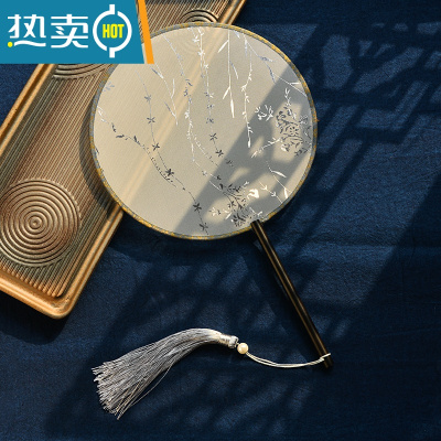 XIANCAI烫金长柄团扇半透明汉服旗袍走秀宫扇古装扇子圆扇中式中国风古风 银色烫金扇