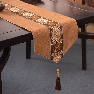 新中式禅意桌旗美式茶几餐桌布艺长条电视柜盖巾现代简约北欧床 阖家圆-卡其 33*300cm(适用桌长2.4米-2.6米)