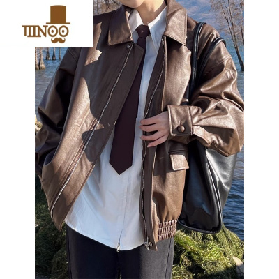 YANXU棕色港风皮衣夹克外套男女款2023年新款咖色美式复古皮夹克