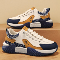 男士秋季皮革新款拼接系带浅口透气跑步男鞋日常透气时尚休闲单鞋