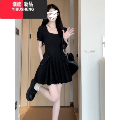 YIBUSHENG法式黑色连衣裙子女季高级感气质蓬蓬花苞裙收腰显瘦小个子短裙