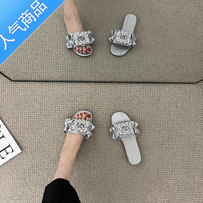 SUNTEK新款绸缎面水钻法式晚风拖鞋女沙滩鞋平底凉鞋超火流行仙女风凉拖