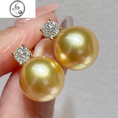 JiMi南洋金珍珠耳钉正圆强光浓金 S925银镀气质女款灰珍珠耳环耳饰