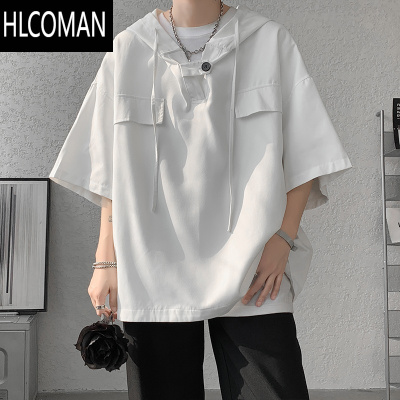 HLCOMAN港风连帽短袖polo衫男款夏季宽松休闲上衣潮流百搭学生五分袖T恤