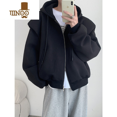 YANXU2023春装韩版大廓形双层复合垫肩卫衣男外套连帽开衫夹克上衣潮流