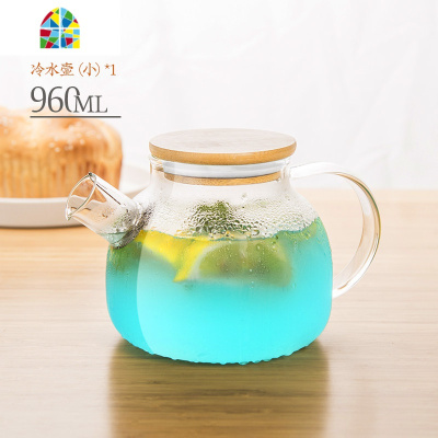 玻璃竹盖冷水壶凉水瓶可高温凉水夏天家用大容量凉水壶套装H FENGHOU 冷水壶(小)+2泡杯+提手盘