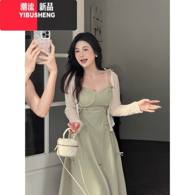 YIBUSHENG大码绿色温柔风连衣裙女装季微胖mm气质显瘦减龄高级感内搭长裙