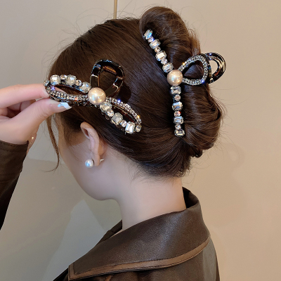 水钻珍珠蝴蝶结抓夹女轻奢精致后脑勺大号发夹鲨鱼夹高级感头饰送女朋友老婆情人节七夕生日礼物