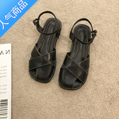 SUNTEK森系平底包头编织一字带凉鞋仙女鞋子2023新款夏季法式复古罗马鞋