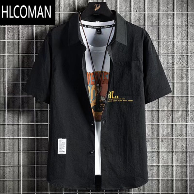HLCOMAN工装衬衫男短袖夏季冰丝薄款休闲痞帅五分半袖衬衣宽松寸衣外套潮