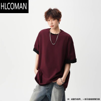 HLCOMAN300g三本针短袖t恤男夏季潮牌基础款纯色半袖宽松简约五分袖