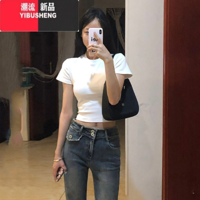 YIBUSHENG美式性感辣妹高腰短袖t恤女季2024年新款修身显瘦白色内搭上衣