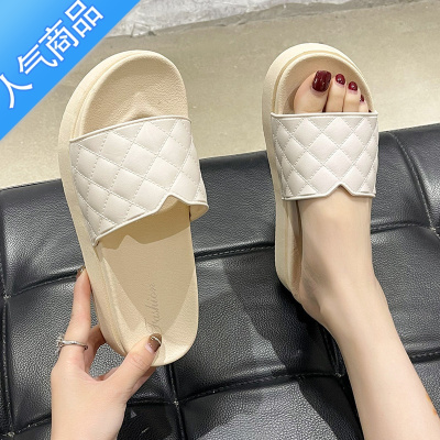 SUNTEK拖鞋女夏季外穿网红ins潮时尚菱格纹松糕厚底增高防滑沙滩凉拖鞋
