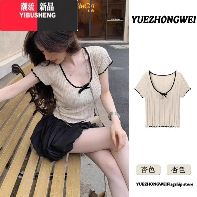 YIBUSHENG美式正肩撞色花边蝴蝶结冰丝针织短袖T恤女季紧身辣妹短款上衣