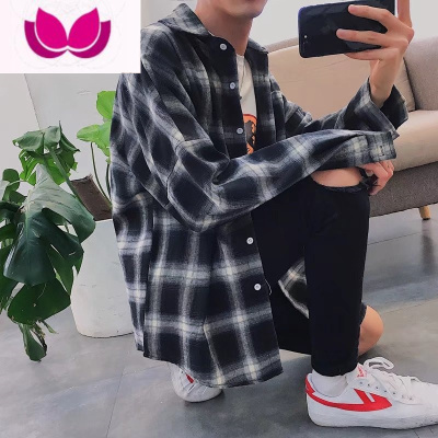 七斓格子衬衫男长袖韩风潮bf港风日系复古宽松外套超仙心机设计感衬衣