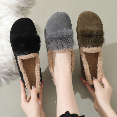 真皮牛反绒冬季一脚蹬真毛装饰中口低跟大码牛筋底乐福鞋