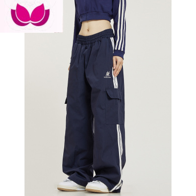 七斓美式复古抽绳侧边条纹口袋工装裤男女直筒三条杠裤子高街潮