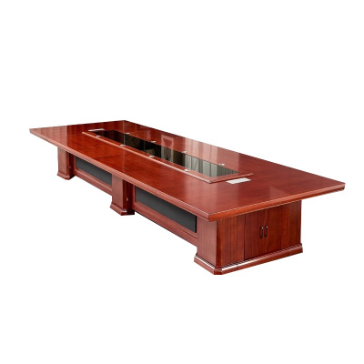 正斌大型油漆会议桌实木黑玻璃长桌开会办公室桌椅组合工作台3.5*1.6米(红胡桃色)