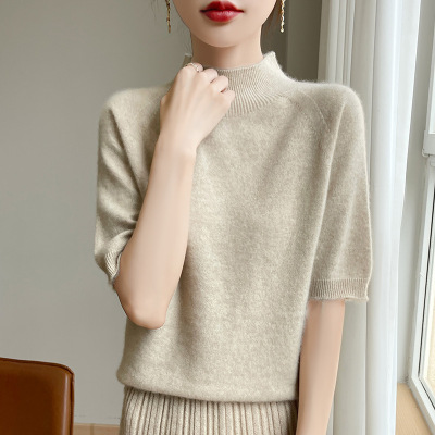 秋冬新款一线成衣半高领宽松短款纯色内搭针织衫短袖半袖上衣