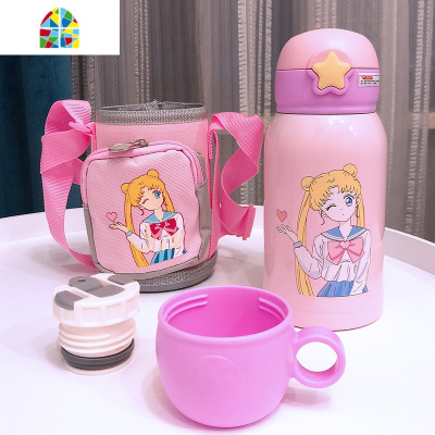 卡通儿童316不锈钢可斜跨带套吸管保温杯男女学生便携大容量水壶 FENGHOU 粉嫩小恐龙儿童壶送斜跨杯套+杯刷