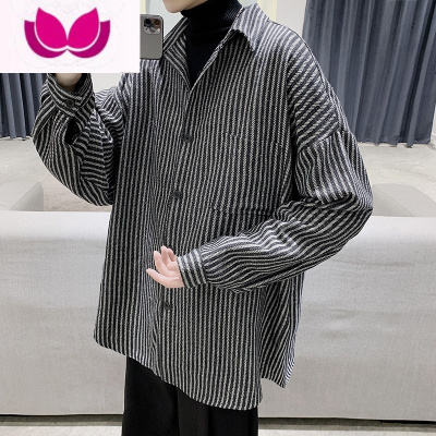 七斓复古港风竖条纹长袖衬衣男2023春季新款潮牌宽松痞帅毛呢衬衫外套