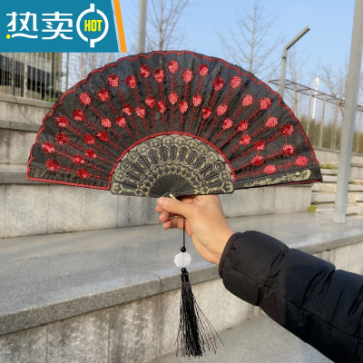 XIANCAI孔雀羽毛折扇刺绣扇黑杆亮片扇子咏春折扇礼品扇 大红刺绣亮片折扇