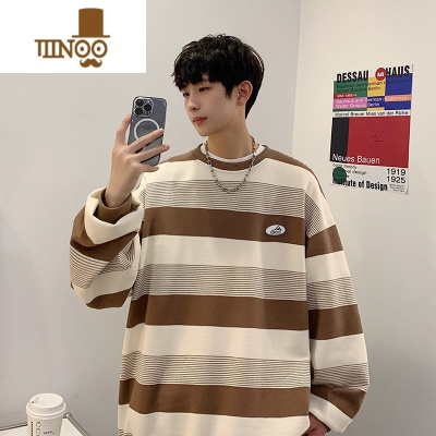 YANXU贴标条纹卫衣男士新款休闲潮牌宽松长袖t恤男圆领套头外套