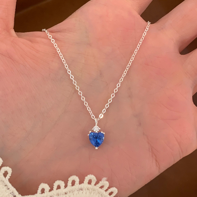 纯银蓝色锆石爱心项链高级感轻奢小众锁骨链女款2025新款配饰送女朋友老婆情人节七夕生日礼物