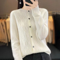 年秋冬新款安迪绒圆领针织开衫长袖女菱形提花宽松气质上衣