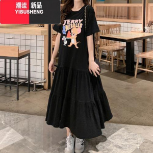 YIBUSHENG2-300斤加肥加大码连衣裙宽松遮肚240斤中长款过膝孕妇大摆T恤裙